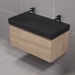 Modern Bathroom Vanity with Black Sink, Small, Floating, 24 inch , Brown Oak, Nameeks DERIN53