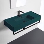 Square Wall Mounted Ceramic Sink With Matte Black Towel Bar