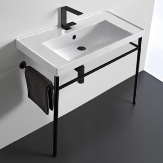 36 Valmora Black Vitreous China Console Bathroom Sink with Black Powd