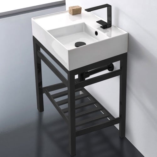Modern Ceramic Console Sink With Counter Space and Matte Black Base, 24 Inch Scarabeo 5117-CON2-BLK