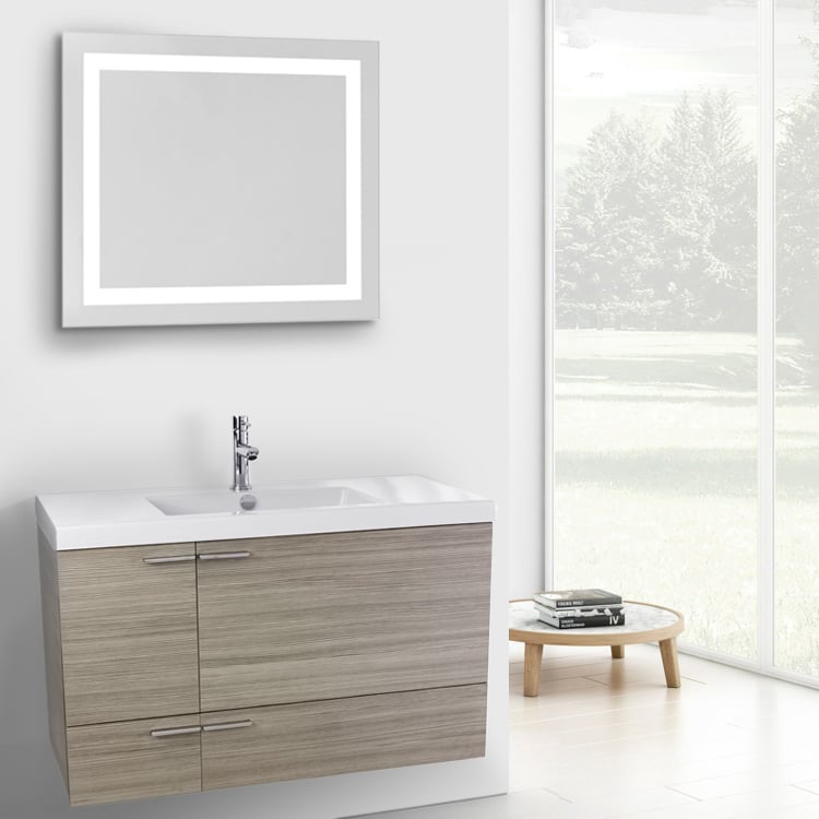 Modern Wall Mount Bathroom Vanity, 39 Inch, Larch Canapa, With Lighted Mirror ACF ANS606