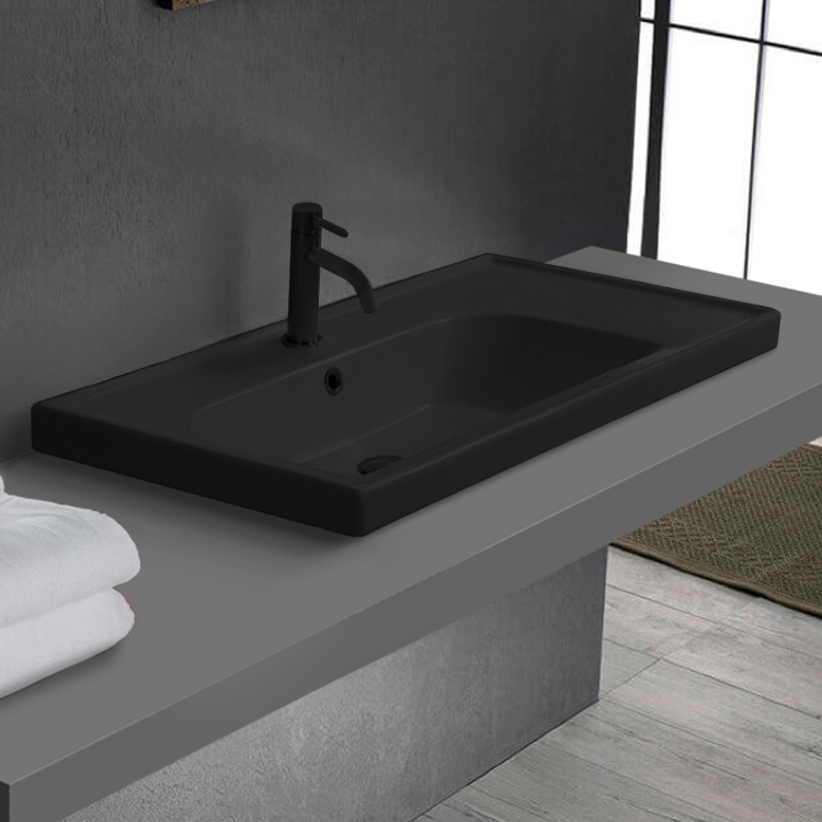 CeraStyle 031107-U/D Matte Black Drop In Sink With Counter Space, Modern, Rectangular