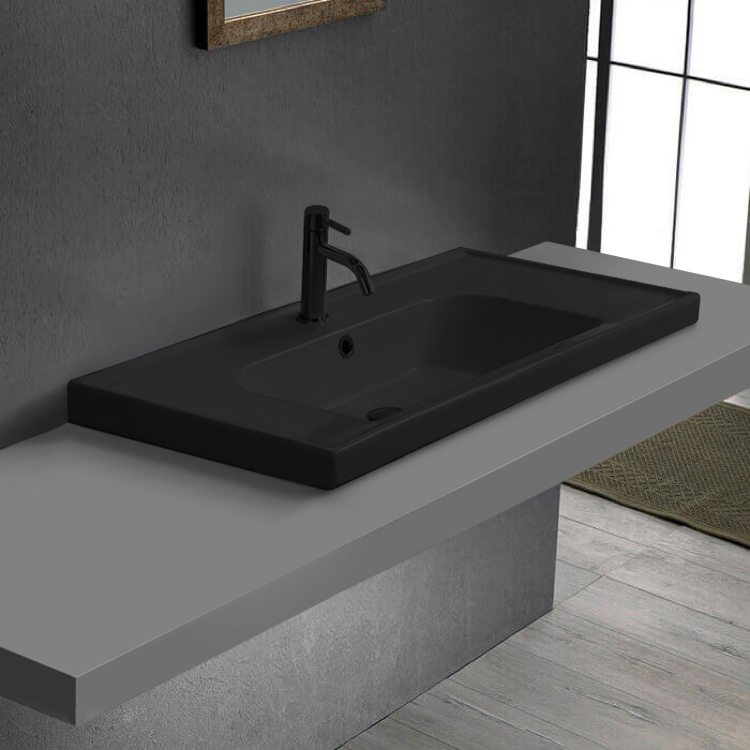 CeraStyle 031207-U/D Matte Black Drop In Sink With Counter Space, Modern, Rectangular
