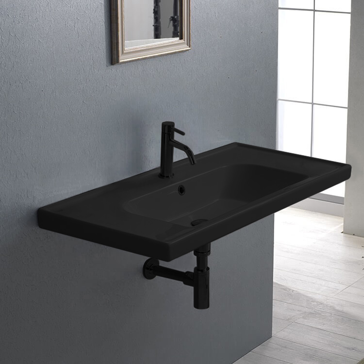 CeraStyle 031307-U-97 Matte Black Rectangle Ceramic Wall Mounted or Drop In Sink