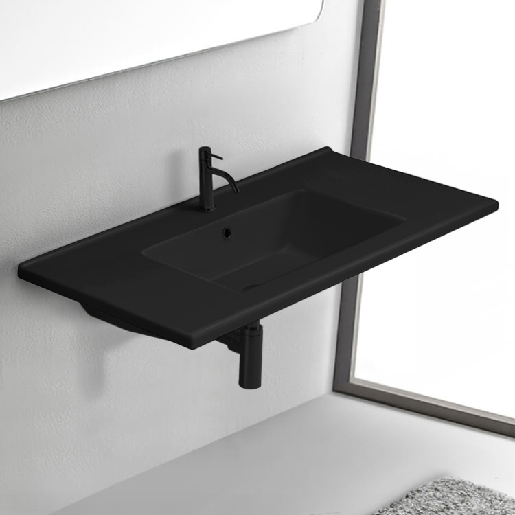 CeraStyle 067607-U-97 Matte Black Rectangular Ceramic Wall Mount or Drop In Bathroom Sink
