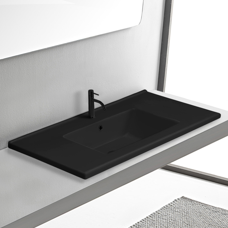 CeraStyle 067607-U/D Matte Black Drop In Bathroom Sink With Counter Space, Ceramic