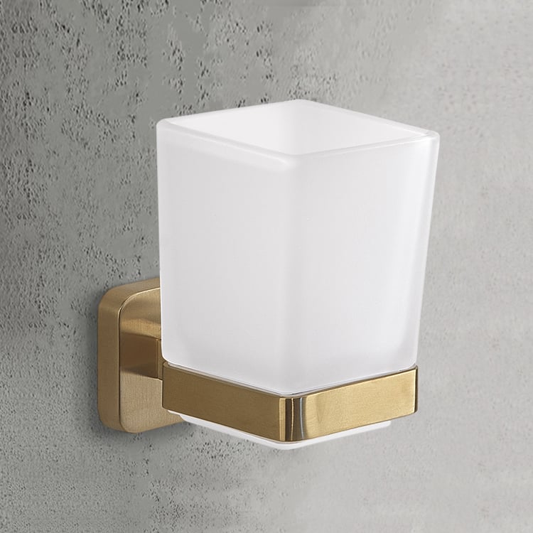 Gedy TO10-88 Wall Mounted Frosted Glass Toothbrush Holder, Matte Gold Mounting