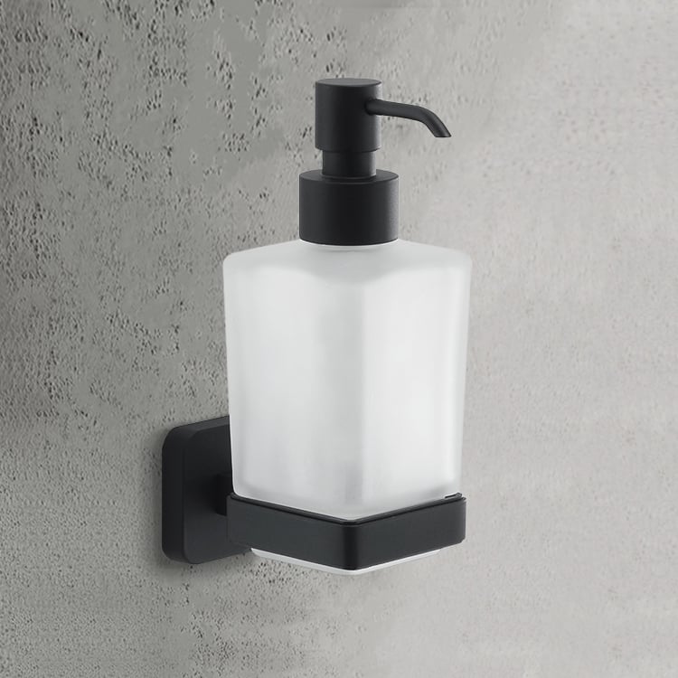 Gedy TO81-14 Wall Mounted Frosted Glass Soap Dispenser, Matte Black Mounting