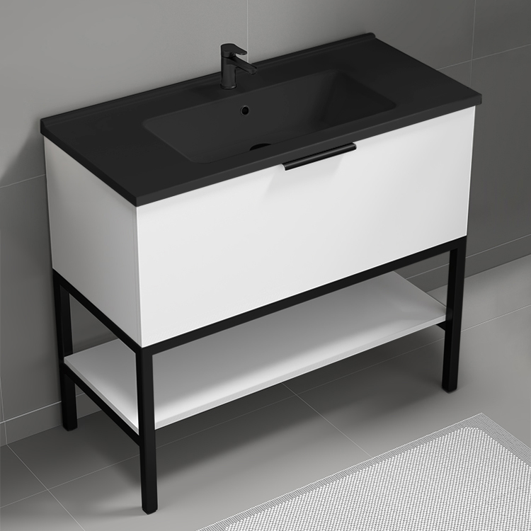 Nameeks BODRUM100 White Bathroom Vanity With Black Sink, Modern, Floor Standing, 40 Inch