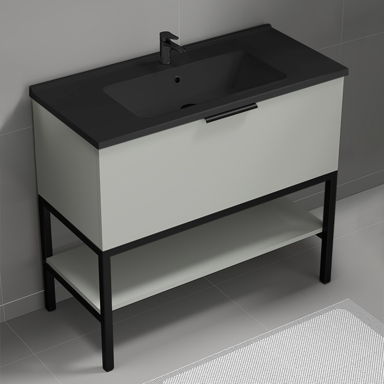 Nameeks BODRUM102 Modern Bathroom Vanity With Black Sink, Floor Standing, 40 Inch, Grey Mist