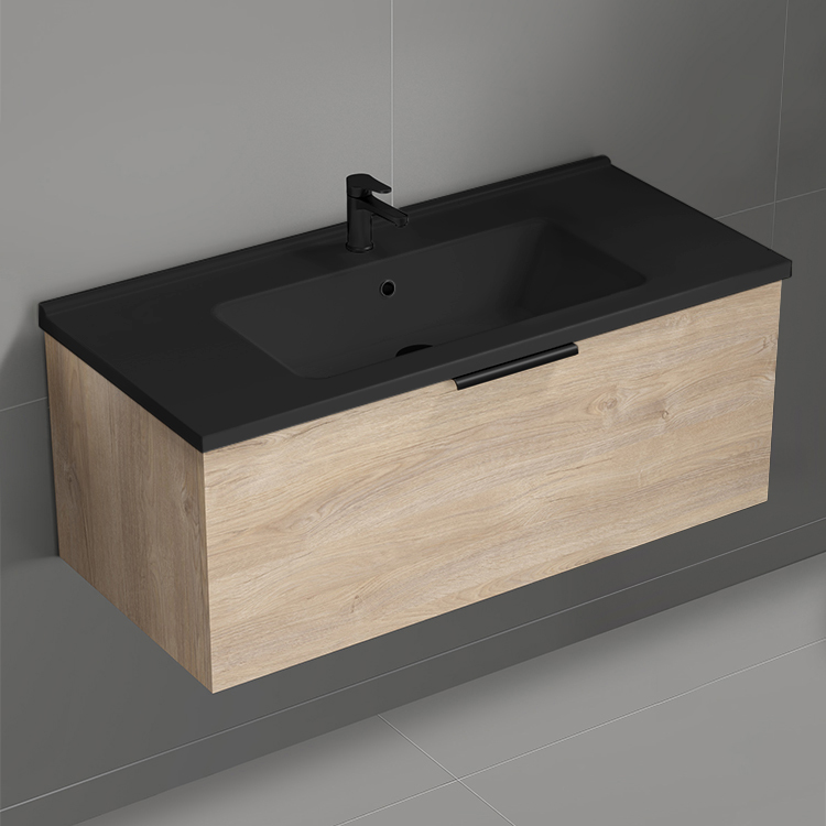 Nameeks BODRUM103 Modern Bathroom Vanity With Black Sink, Floating, 40 Inch, Brown Oak