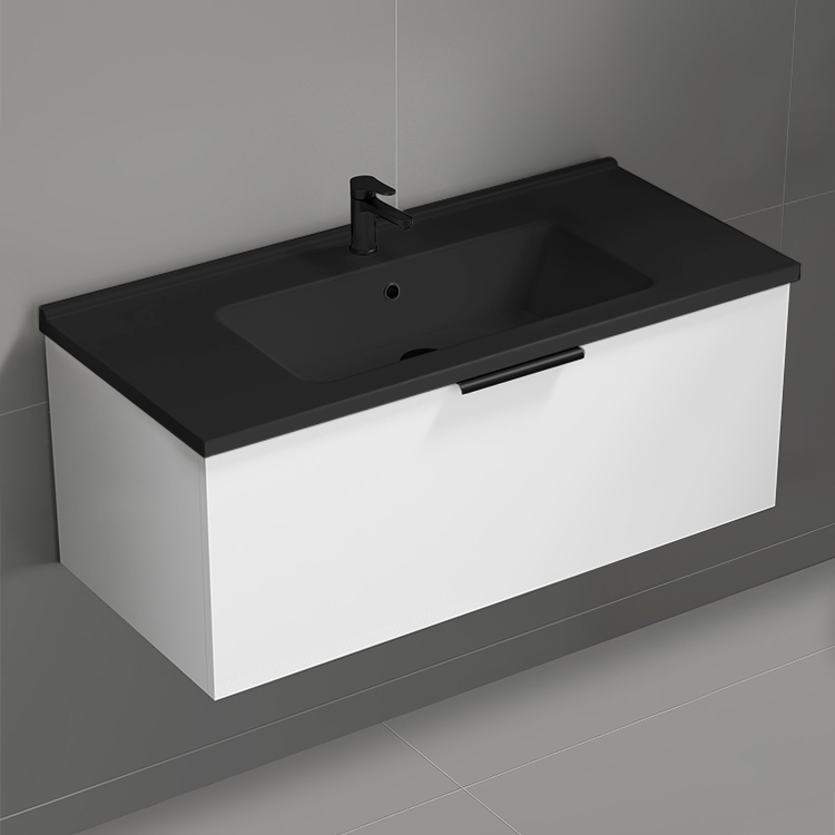 Nameeks BODRUM104 Wall Mounted Bathroom Vanity With Black Sink, Modern, 40 Inch, Glossy White