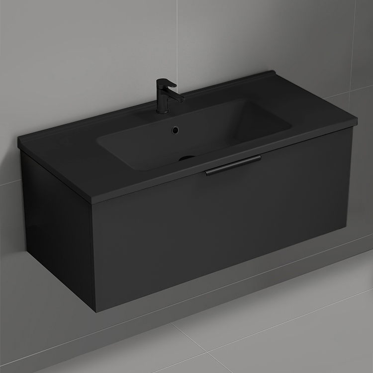 Nameeks BODRUM105 Black Bathroom Vanity, Modern, Wall Mounted, 40 Inch