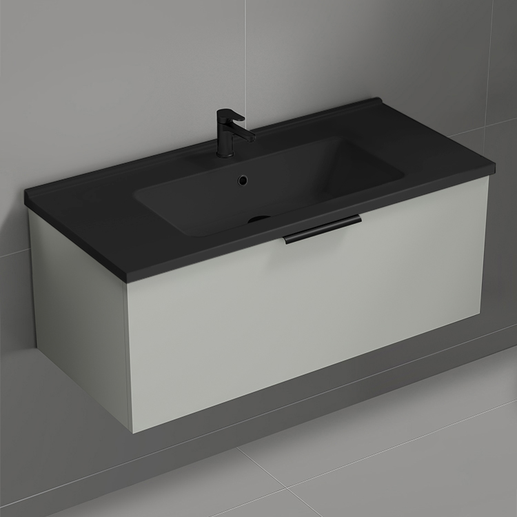 Nameeks BODRUM106 Wall Mount Bathroom Vanity With Black Sink, Modern, 40 Inch, Grey Mist