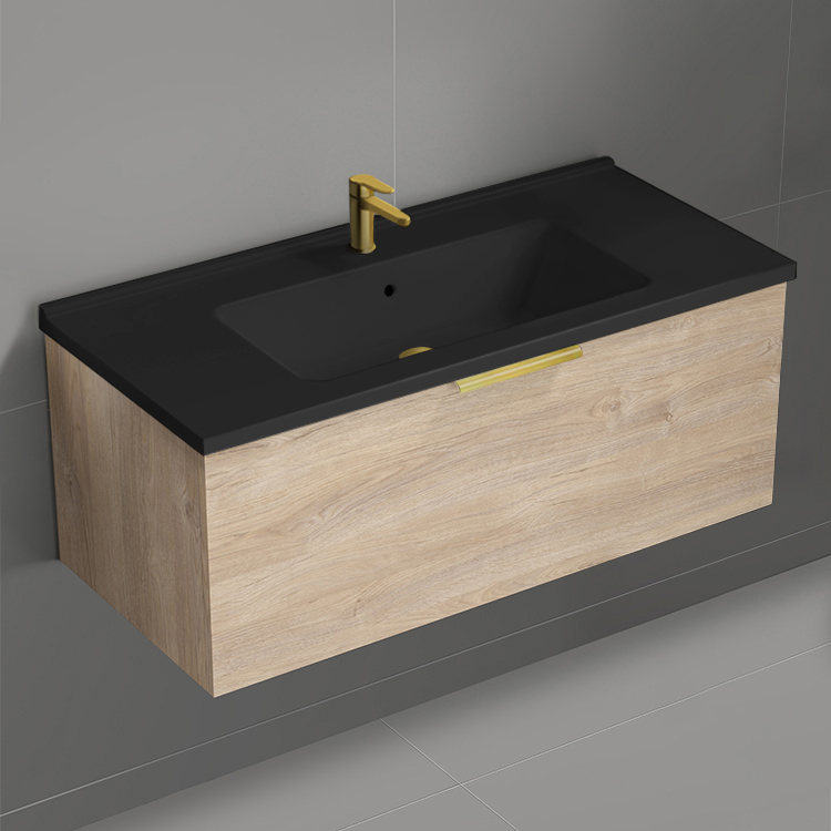 Nameeks BODRUM108 Modern Bathroom Vanity With Black Sink, Floating, 40 Inch, Brown Oak