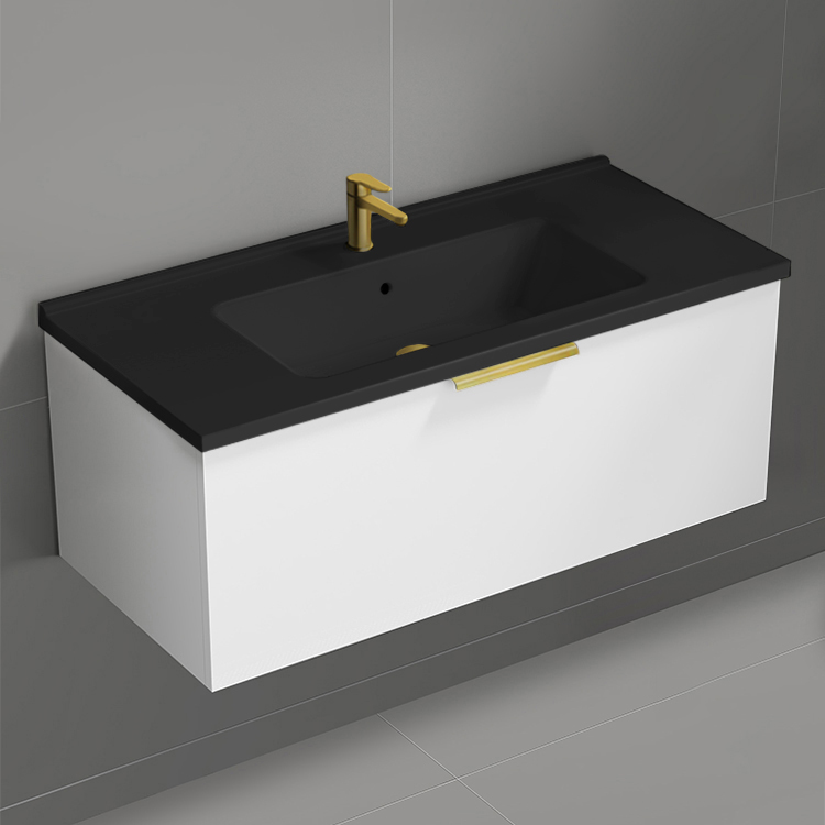 Nameeks BODRUM109 Wall Mounted Bathroom Vanity With Black Sink, Modern, 40 Inch, Glossy White