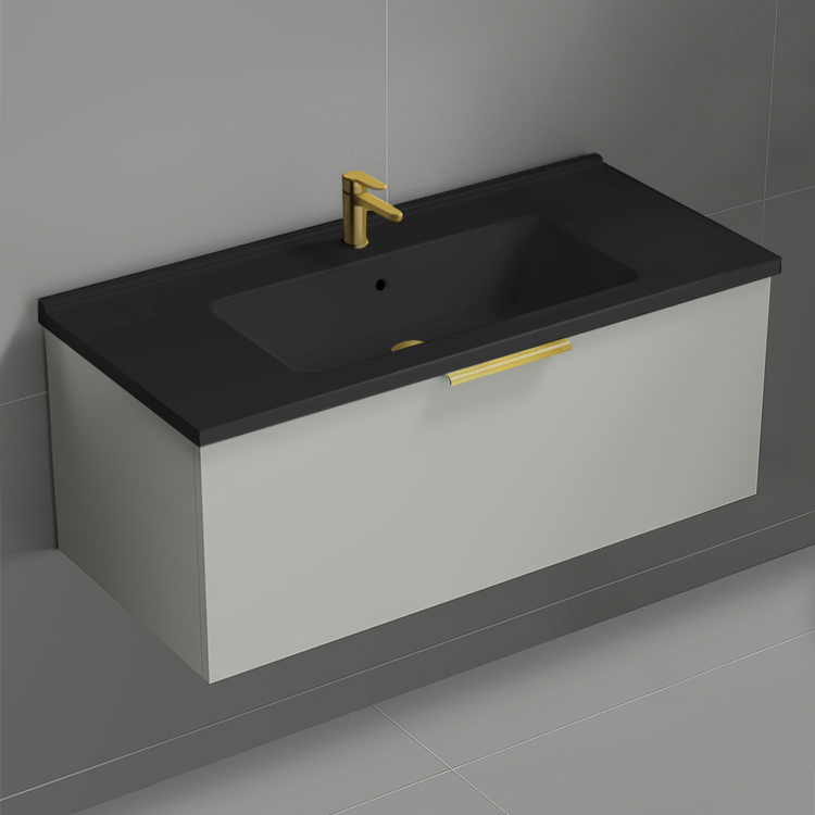 Nameeks BODRUM111 Wall Mount Bathroom Vanity With Black Sink, Modern, 40 Inch, Grey Mist