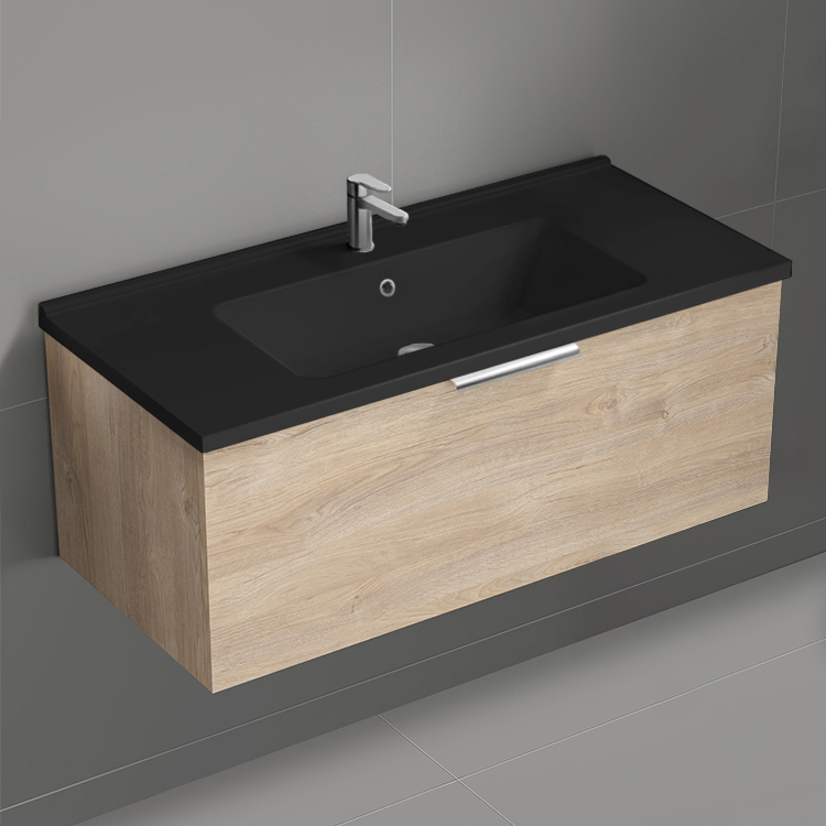 Nameeks BODRUM113 Modern Bathroom Vanity With Black Sink, Floating, 40 Inch, Brown Oak