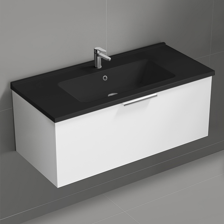 Nameeks BODRUM114 Wall Mounted Bathroom Vanity With Black Sink, Modern, 40 Inch, Glossy White