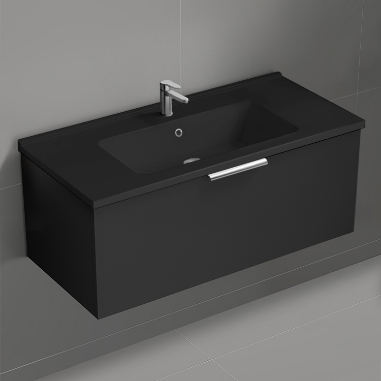 Nameeks BODRUM115 Black Bathroom Vanity, Modern, Wall Mounted, 40 Inch