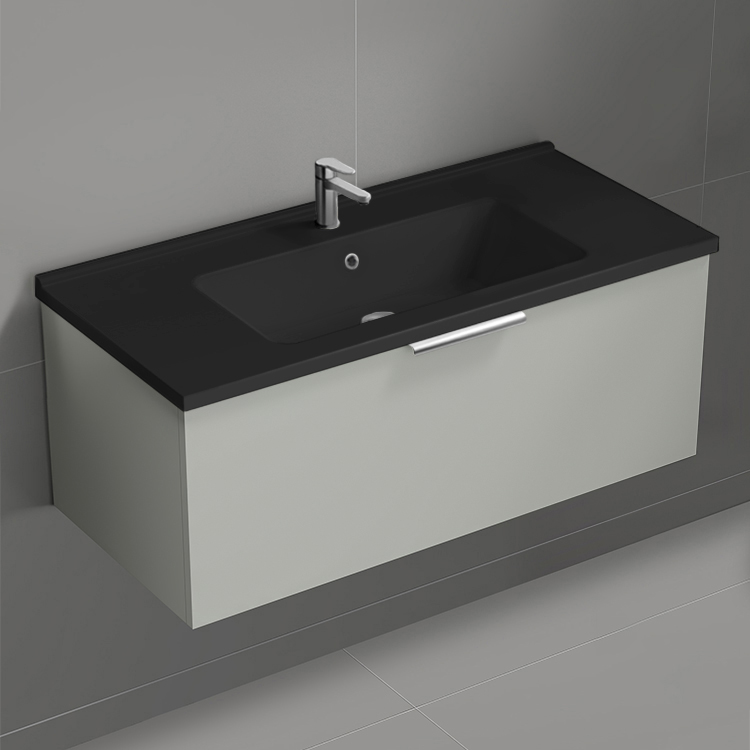 Nameeks BODRUM116 Wall Mount Bathroom Vanity With Black Sink, Modern, 40 Inch, Grey Mist