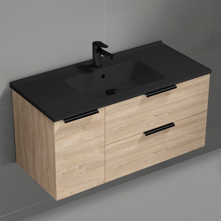 Nameeks BODRUM126 40 Inch Bathroom Vanity With Black Sink, Wall Mounted, Modern, Brown Oak