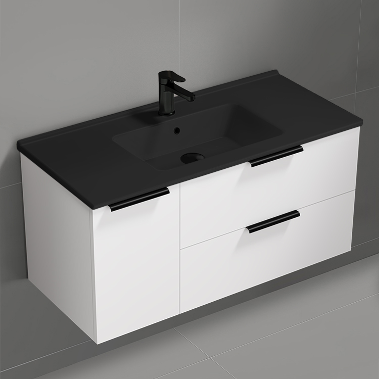 Nameeks BODRUM127 40 Inch Bathroom Vanity With Black Sink, Modern, Wall Mount, Glossy White