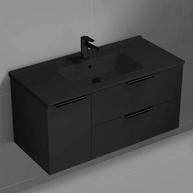 Nameeks BODRUM128 40 Inch Bathroom Vanity With Black Sink, Wall Mounted, Modern, Black