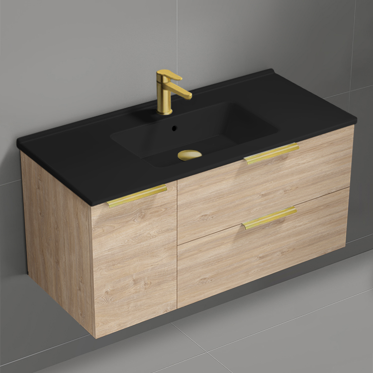 Nameeks BODRUM129 Modern Bathroom Vanity With Black Sink, Wall Mounted, Single, 40 Inch, Brown Oak