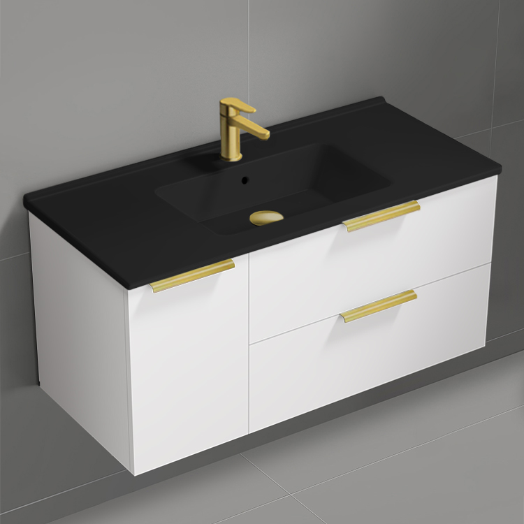 Nameeks BODRUM130 40 Inch Bathroom Vanity With Black Sink, Modern, Wall Mount, Glossy White