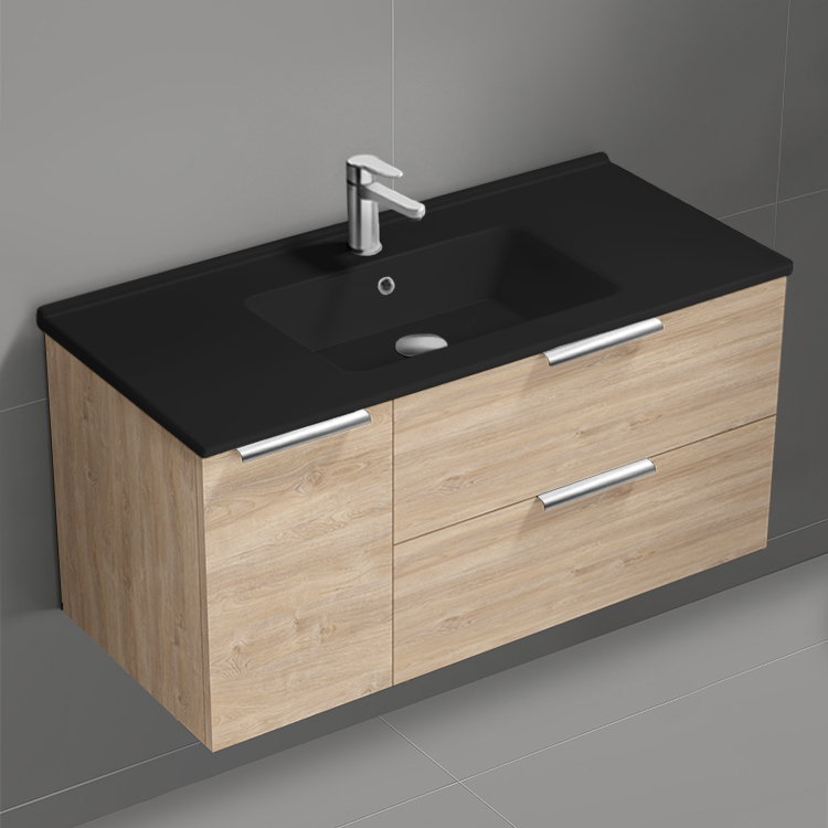 Nameeks BODRUM132 Modern Bathroom Vanity With Black Sink, Wall Mounted, Single, 40 Inch, Brown Oak