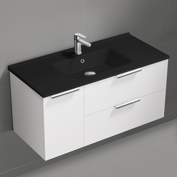 Nameeks BODRUM133 40 Inch Bathroom Vanity With Black Sink, Modern, Wall Mount, Glossy White