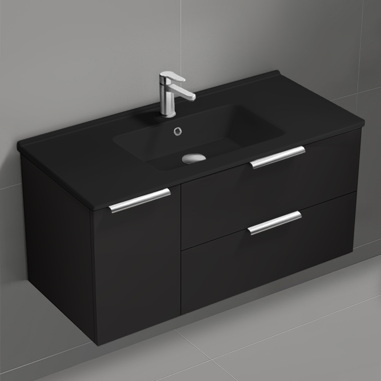 Nameeks BODRUM134 Black Bathroom Vanity With Black Sink, Floating, Modern, 40 Inch