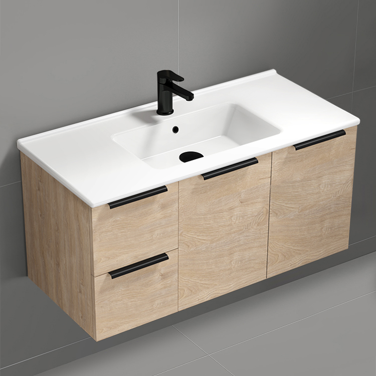 Nameeks BODRUM135 40 Inch Bathroom Vanity, Wall Mounted, Modern, Brown Oak