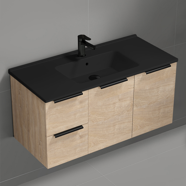 Nameeks BODRUM144 40 Inch Bathroom Vanity With Black Sink, Wall Mounted, Modern, Brown Oak