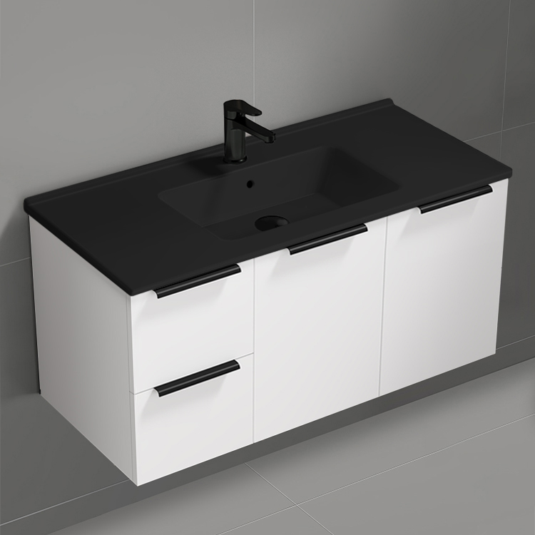 Nameeks BODRUM145 40 Inch Bathroom Vanity With Black Sink, Modern, Wall Mount, Glossy White