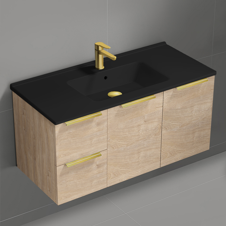 Nameeks BODRUM147 Modern Bathroom Vanity With Black Sink, Wall Mounted, Single, 40 Inch, Brown Oak