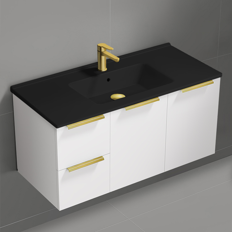 Nameeks BODRUM148 40 Inch Bathroom Vanity With Black Sink, Modern, Wall Mount, Glossy White