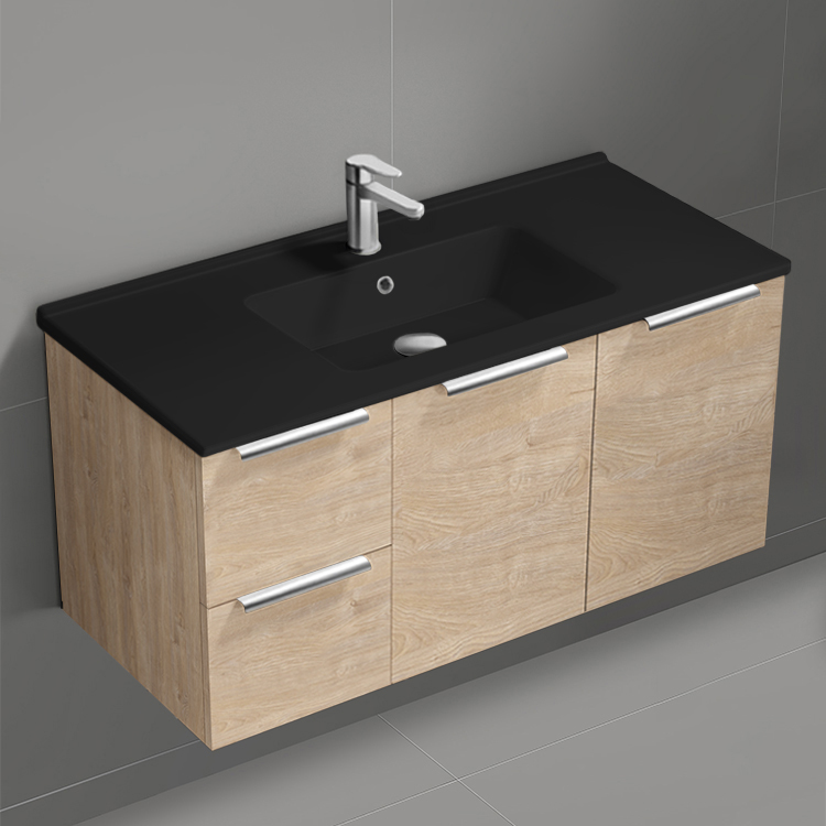 Nameeks BODRUM150 Modern Bathroom Vanity With Black Sink, Wall Mounted, Single, 40 Inch, Brown Oak