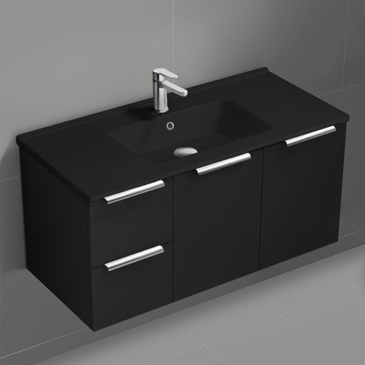 Nameeks BODRUM152 Black Bathroom Vanity With Black Sink, Floating, Modern, 40 Inch