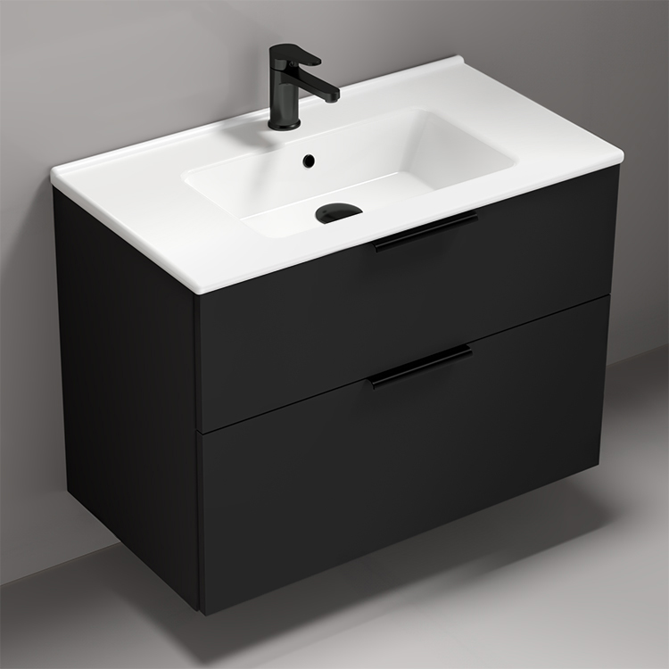 Nameeks BODRUM156 Modern Bathroom Vanity, Wall Mounted, Matte Black, 34 Inch