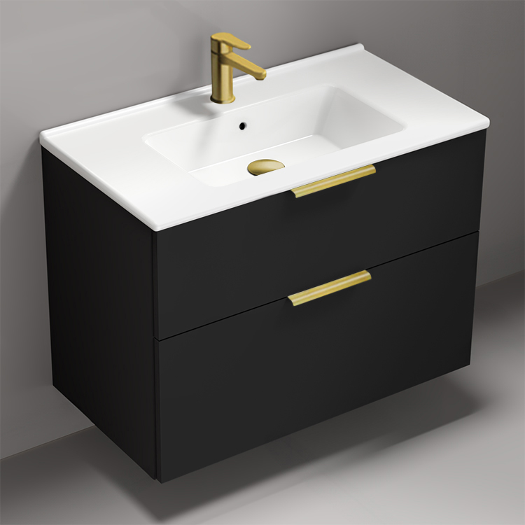 Nameeks BODRUM158 Wall Mounted Bathroom Vanity, Modern, 34 Inch, Matte Black