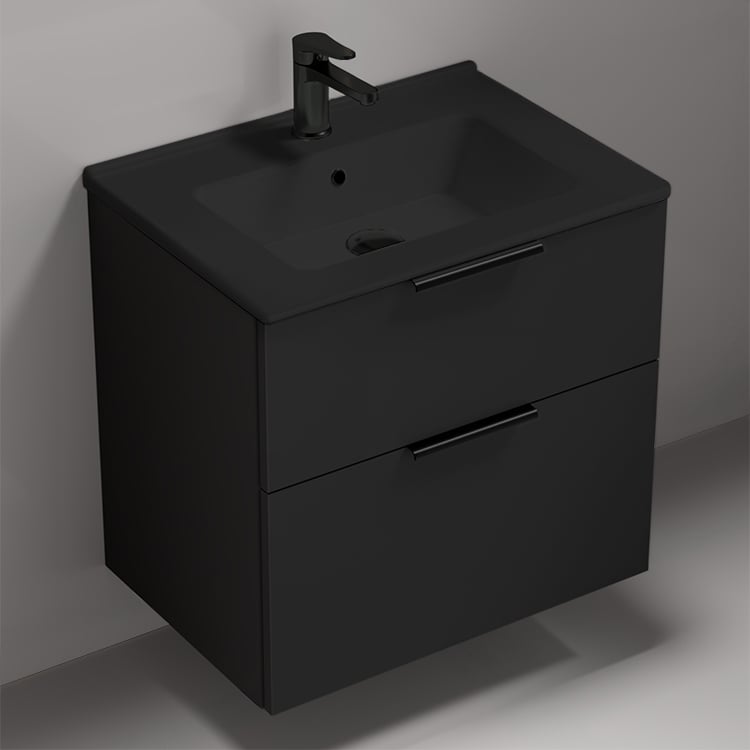 Nameeks BODRUM159 Bathroom Vanity With Black Sink, 26 Inch, Wall Mounted, Matte Black