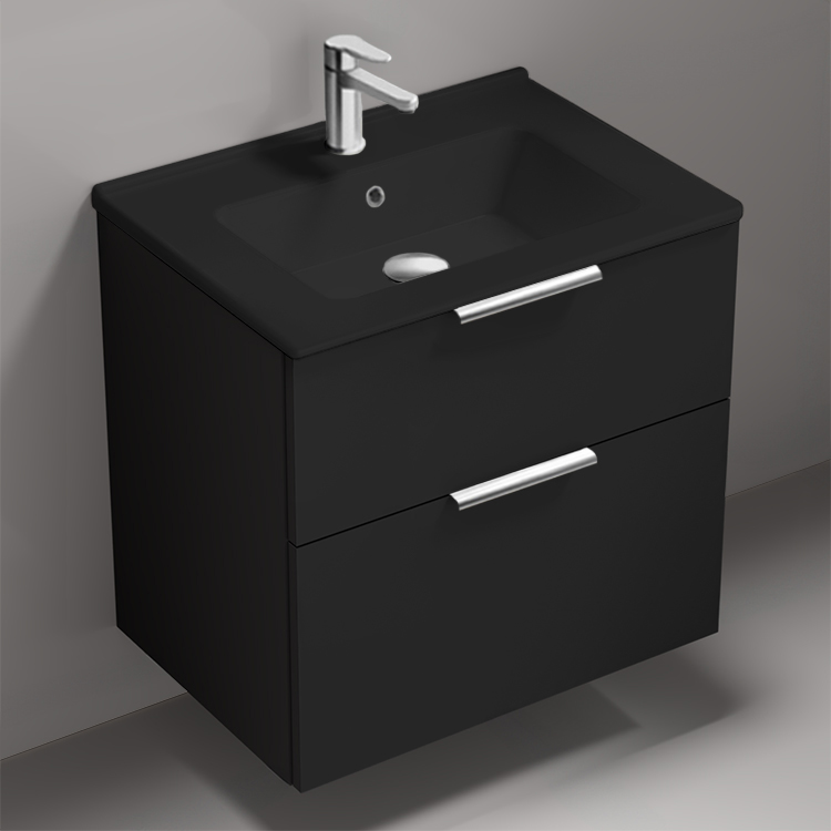 Nameeks BODRUM160 Modern Bathroom Vanity With Black Sink, 26 Inch, Matte Black