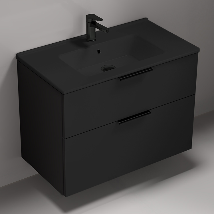 Nameeks BODRUM162 Black Bathroom Vanity With Black Sink, Wall Mounted, Modern, 34 Inch