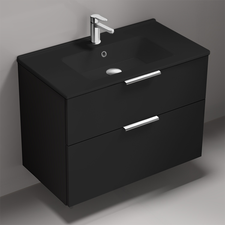 Nameeks BODRUM163 Floating Bathroom Vanity With Black Sink, Modern, 34 Inch, Matte Black