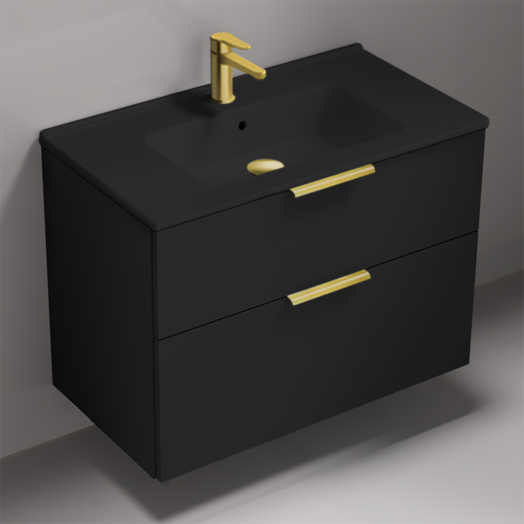 Nameeks BODRUM164 Modern Bathroom Vanity With Black Sink, Wall Mounted, Matte Black, 34 Inch