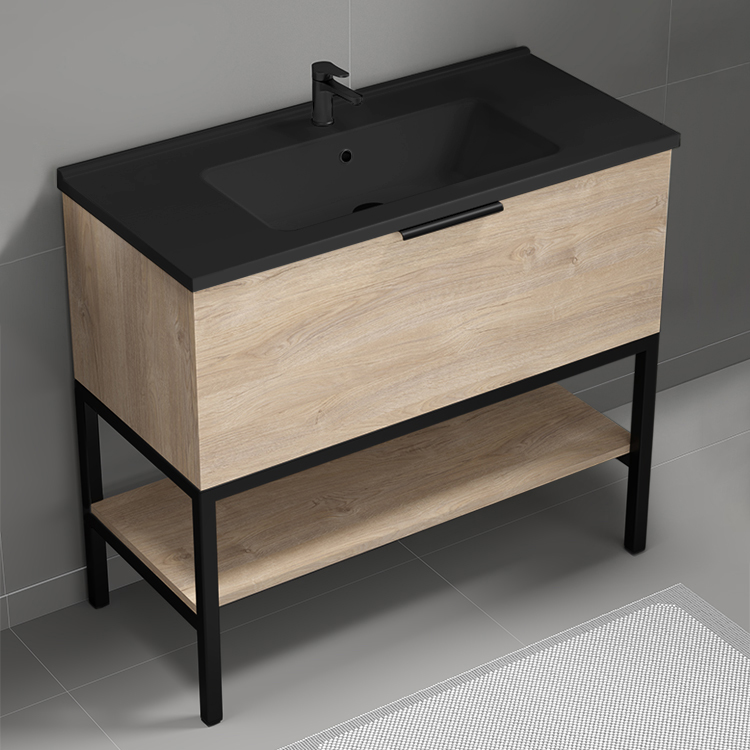 Nameeks BODRUM99 Modern Bathroom Vanity With Black Sink, Free Standing, 40 Inch, Brown Oak