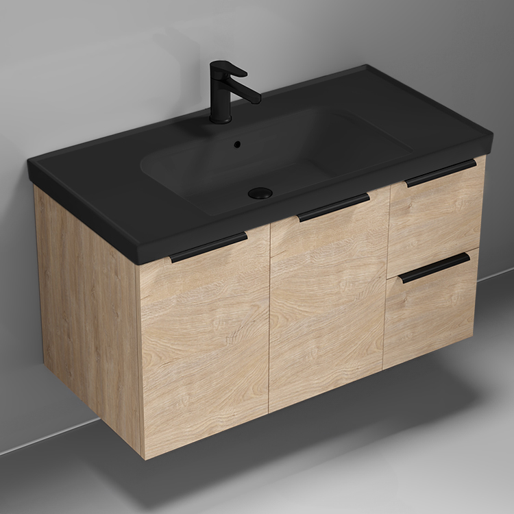 Nameeks FRAME10 36 Inch Bathroom Vanity With Black Sink, Wall Mounted, Modern, Brown Oak