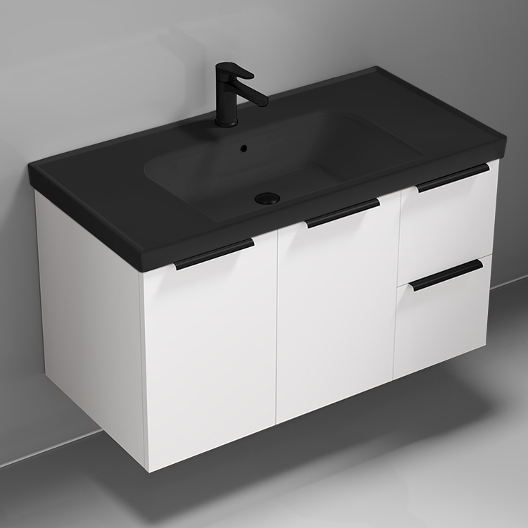 Nameeks FRAME11 36 Inch Bathroom Vanity With Black Sink, Modern, Wall Mount, Glossy White